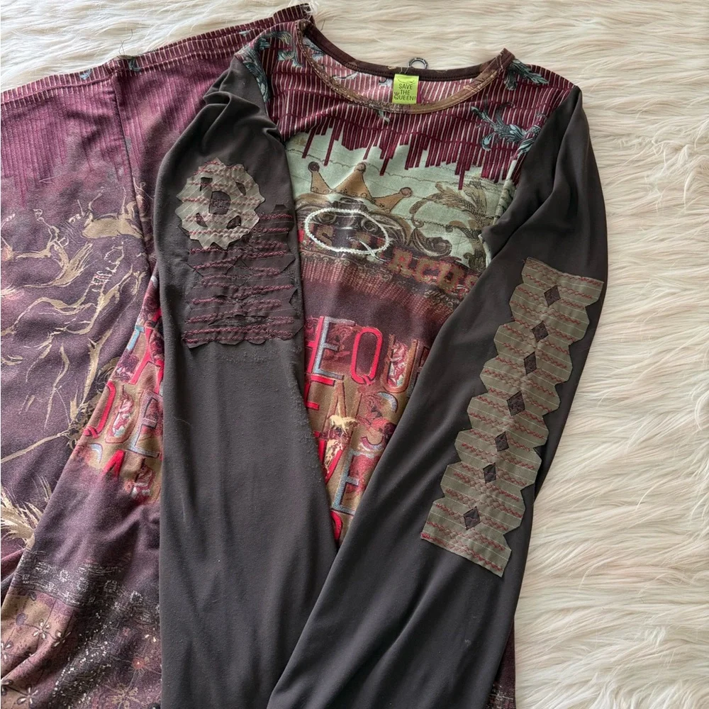 Bohemian Maroon Patchwork Long Sleeve Dress - Picture 5 of 10